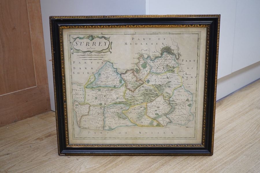 Two antique hand coloured engraved maps comprising, After Robert Morden, Surrey and a road map, ‘London to Buckingham’, largest 38 x 44cm. Condition - fair